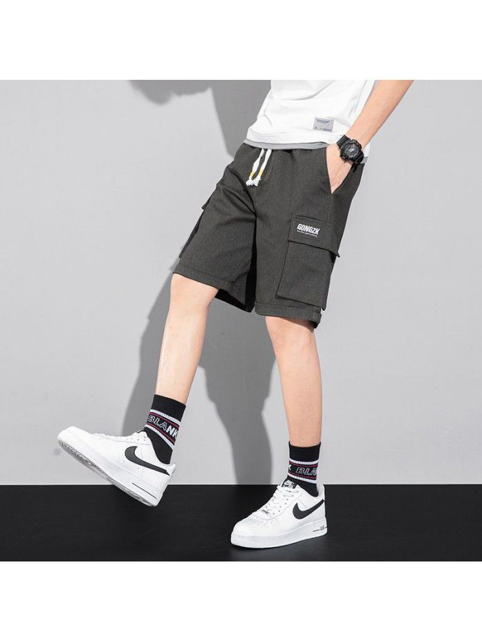 New Summer Shorts men's pants straight tube solid color overalls men's youth casual Capris men's pants 