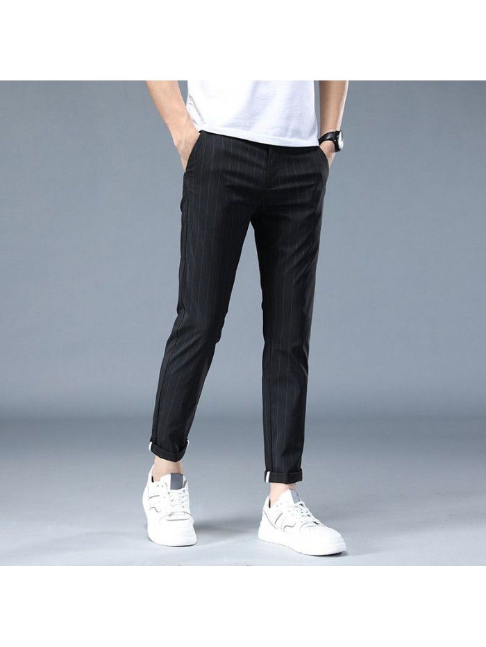 Summer thin striped elastic casual pants men's fashion Korean Slim small straight tube fashion youth Capris 