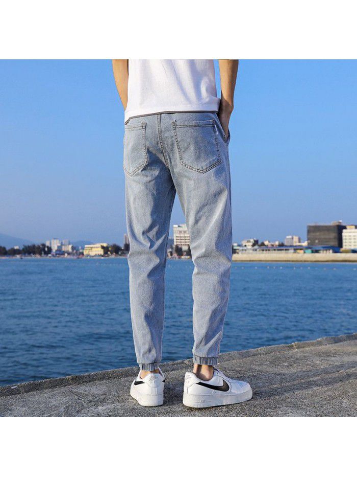 Summer thin fashion jeans men's loose large Harem Pants trend youth leisure elastic legged Capris 