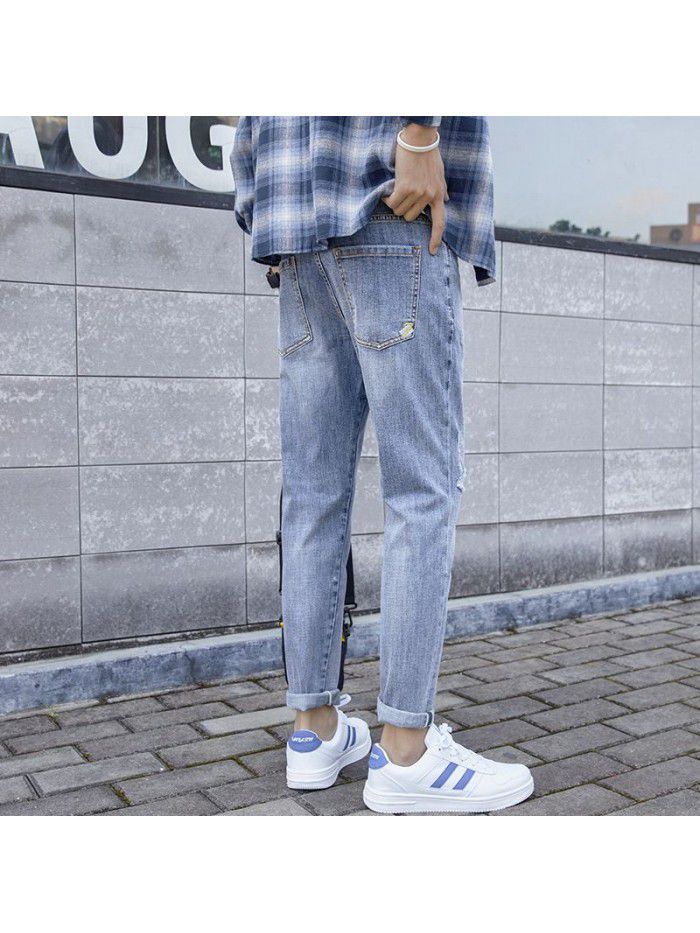 Trendy brand washed jeans with holes men's slim fit and small feet Korean fashion casual Capris new style in spring and summer 