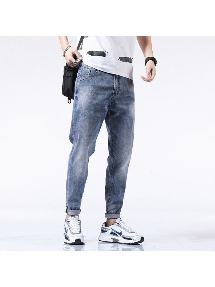 Stretch washed jeans men's fashion brand loose legged Harem Pants men's youth casual Capris new style in spring and summer 