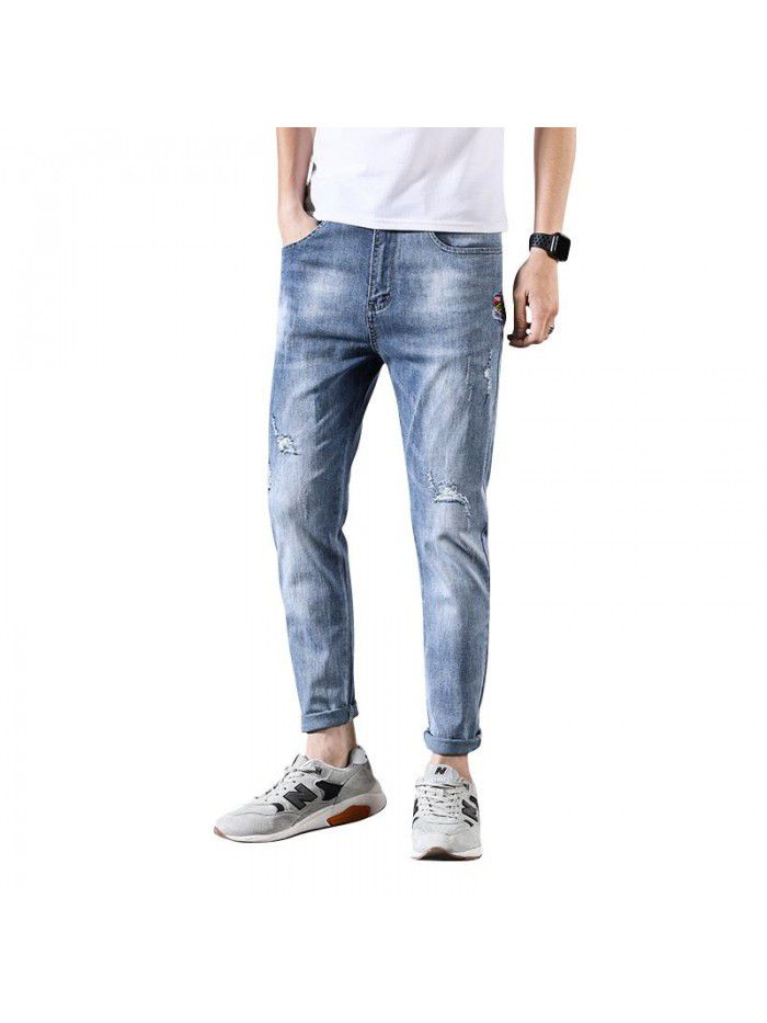 Summer thin perforated jeans men's fashion Korean slim Leggings men's youth leisure wash Capris 