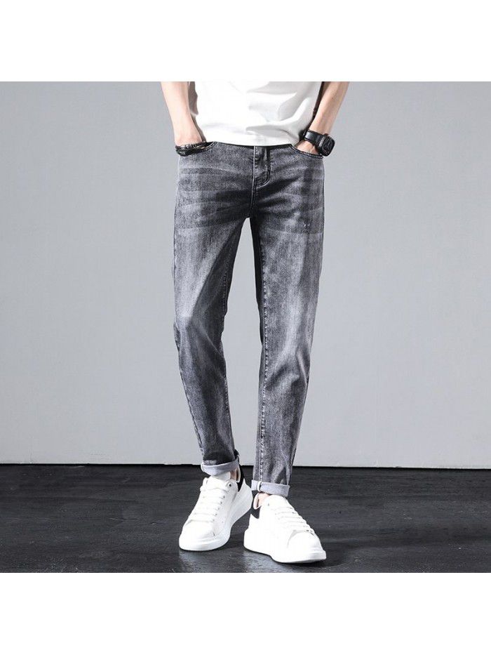 Stretch jeans men's spring and summer new Harlan loose straight pants men's fashion simple casual Capris 