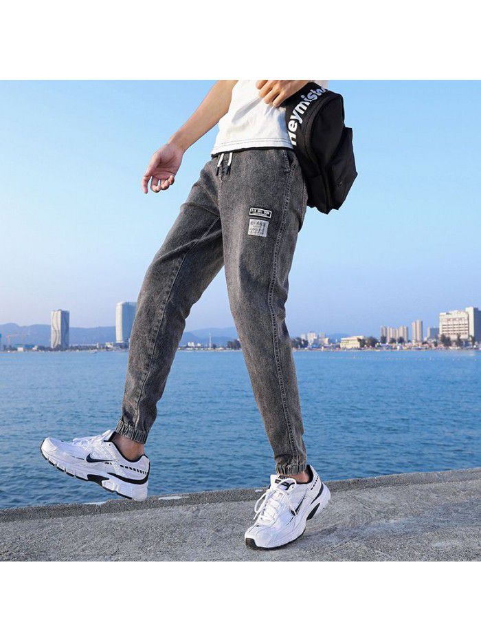 Summer thin fashion jeans men's loose large Harem Pants trend youth leisure elastic legged Capris 