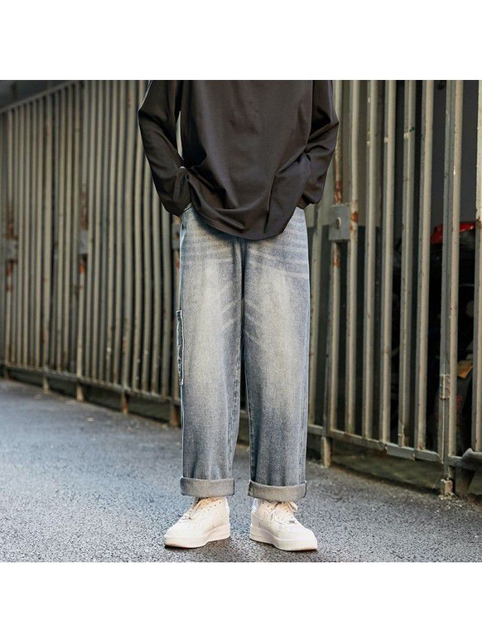 Washed and printed jeans men's fashion brand loose straight tube wide leg pants men's Korean casual tooling daddy pants 