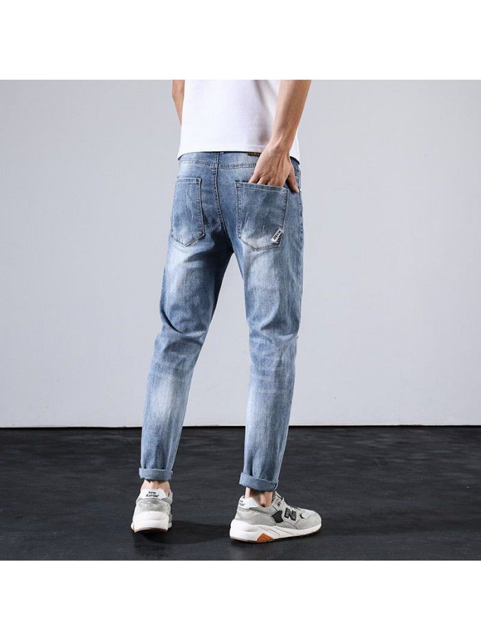 Summer thin perforated jeans men's fashion Korean slim Leggings men's youth leisure wash Capris 