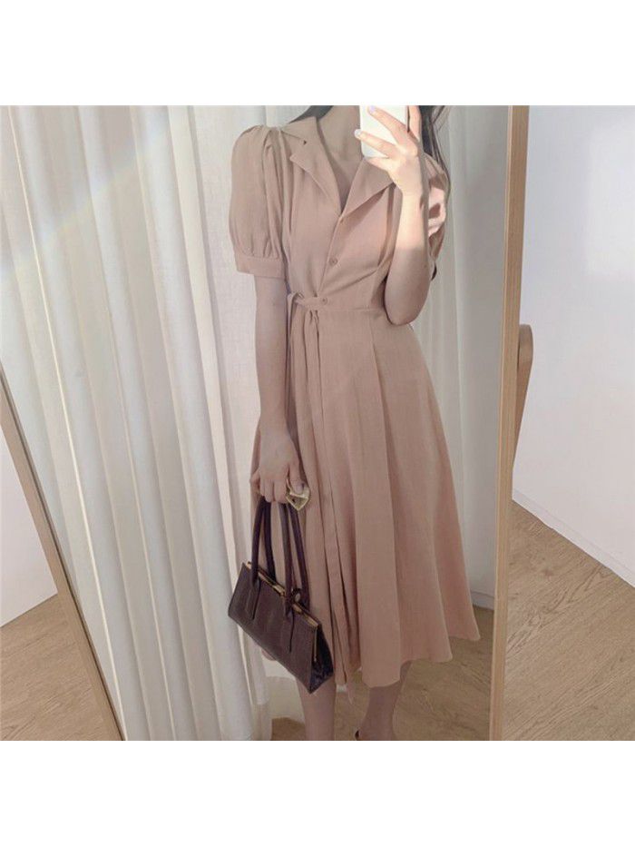  New Retro harbor style design with side buckle waist showing thin temperament linen professional dress for women 