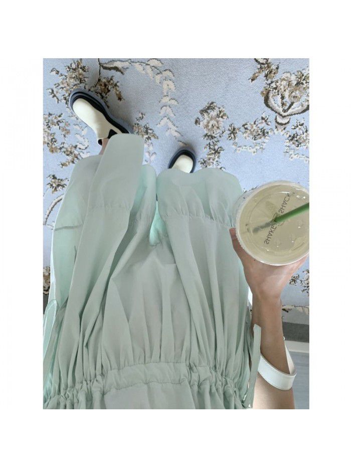  new refreshing mint V-neck drawstring waist cake dress with fresh temperament of female Platycodon grandiflorum skirt 
