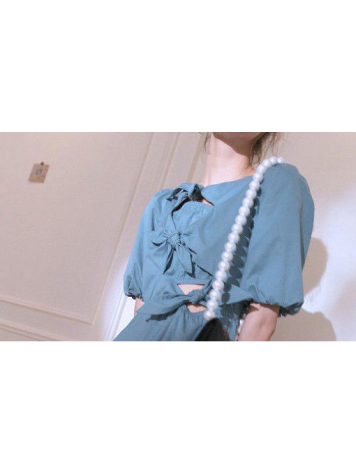 Blue blue, Zurich lake blue  spring and summer new Korean design feeling bow hollow out dress 