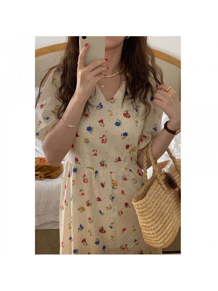 summer new Korean version homemade black and white tulip floret dress 