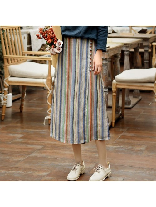  spring new women's striped Linen Skirt mid l...