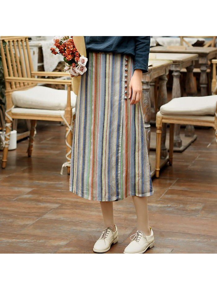  spring new women's striped Linen Skirt mid length retro button Chinese style A-line skirt wholesale 