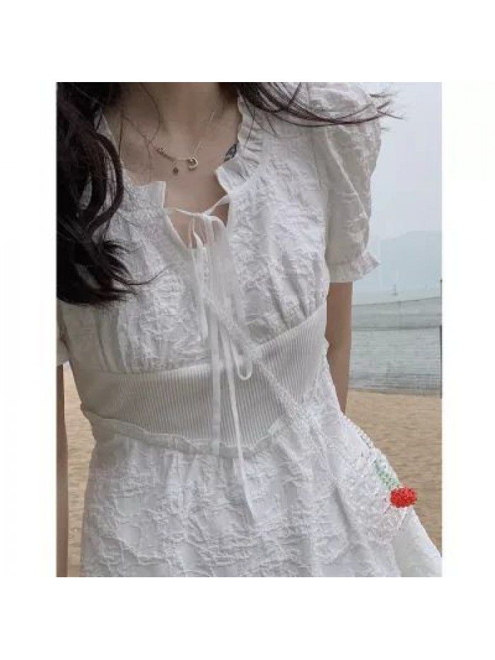 Caige white dress women's summer  new mid long temperament bubble sleeve skirt slim waist first love skirt 