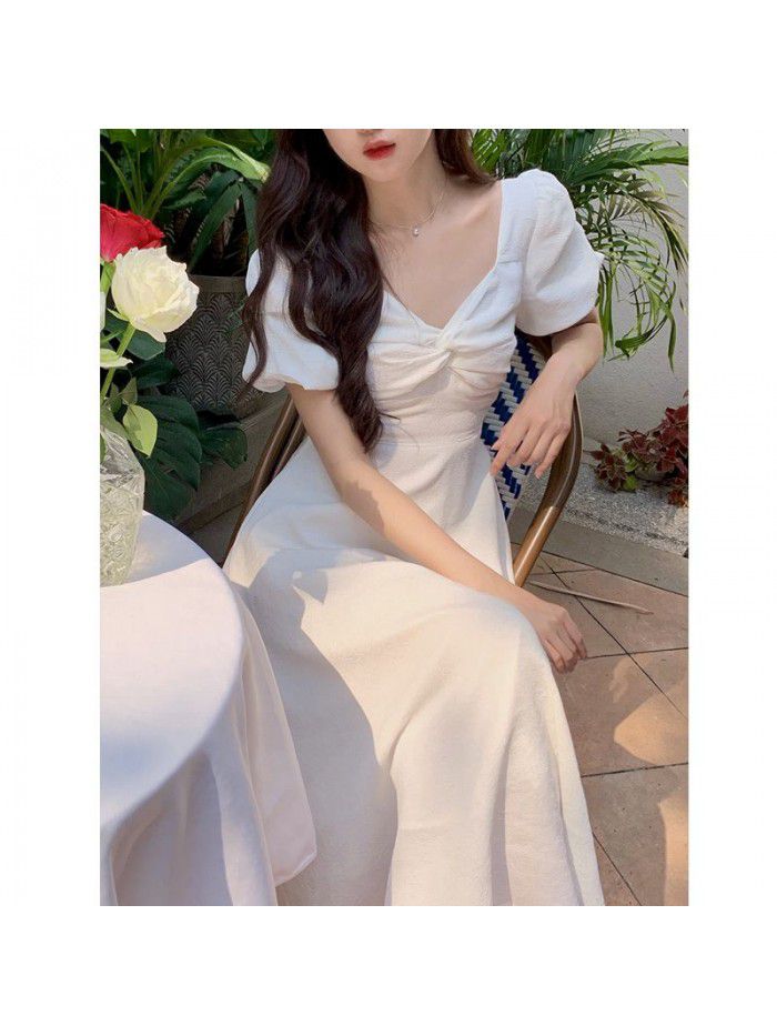 Women's  new summer French square neck bubble sleeve design half length skirt summer A-line dress 