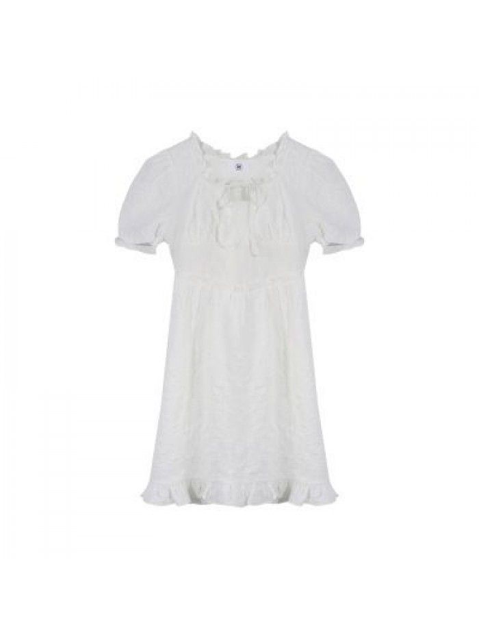 Caige white dress women's summer  new mid long temperament bubble sleeve skirt slim waist first love skirt 