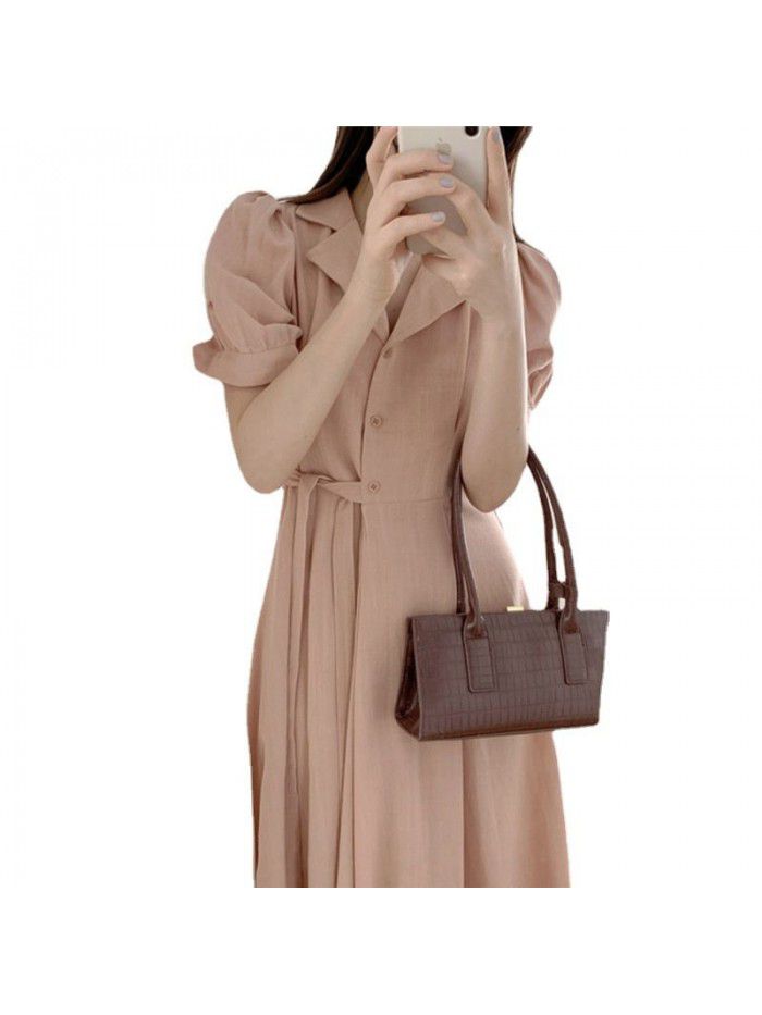  New Retro harbor style design with side buckle waist showing thin temperament linen professional dress for women 