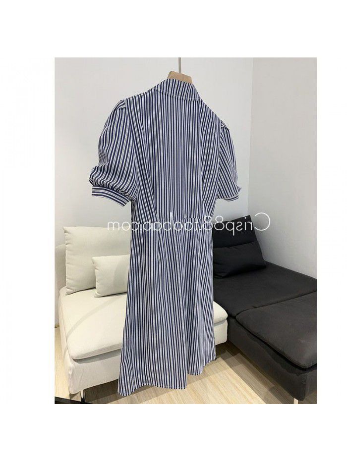 Design Antique side button pleated waist three dimensional bubble sleeve blue and white stripe shirt dress 