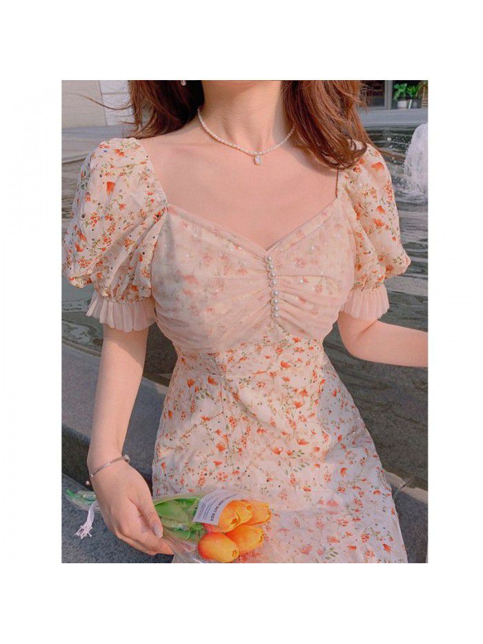 "Monet garden" sweet dress French long  new style floral skirt women's summer net