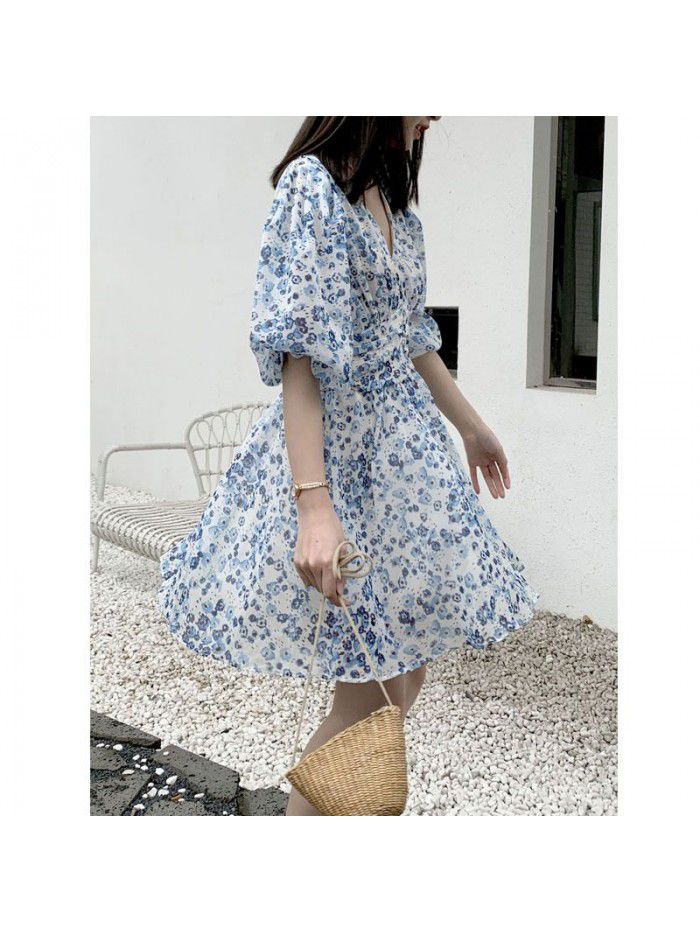 French Blue Floral Chiffon dress female Xia Xiaozi  new Korean chic bubble sleeve skirt 