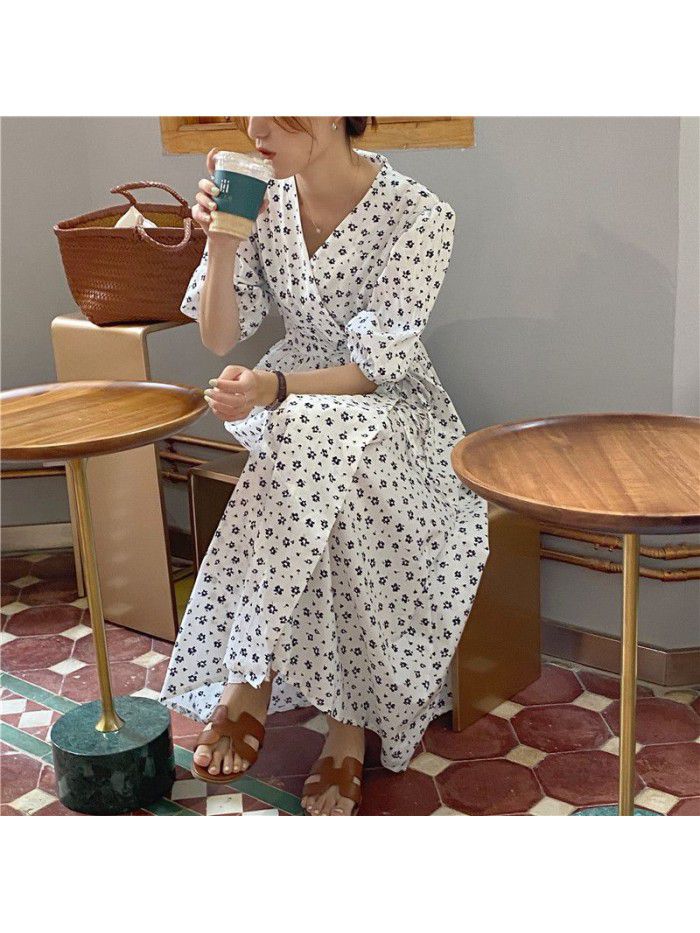 European station  summer new style foreign style long skirt children's over knee age reducing bubble sleeve design and waist closing dress 