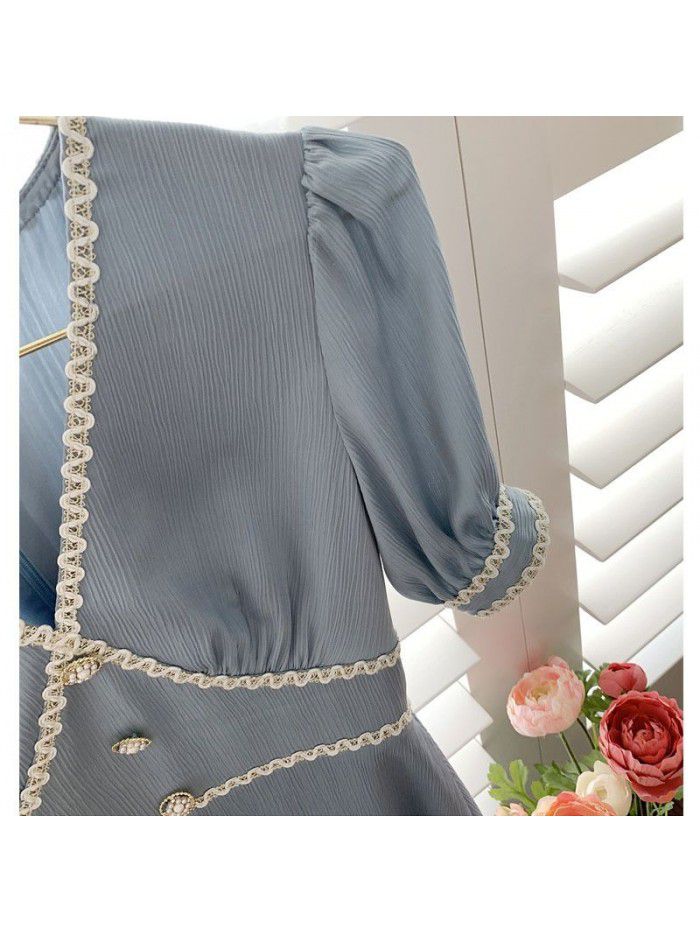 Design sense 21 small fragrance splicing ribbon tea break French dress women's summer short sleeve V-neck waist temperament long skirt 