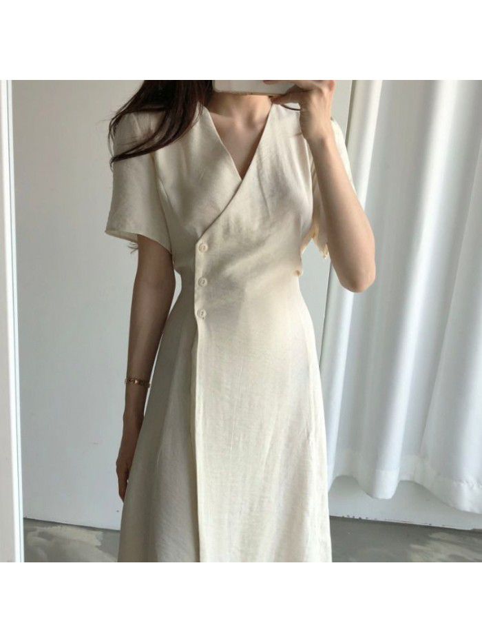 Korean chic temperament V-neck three button slim tie waist mid length short sleeve dress 