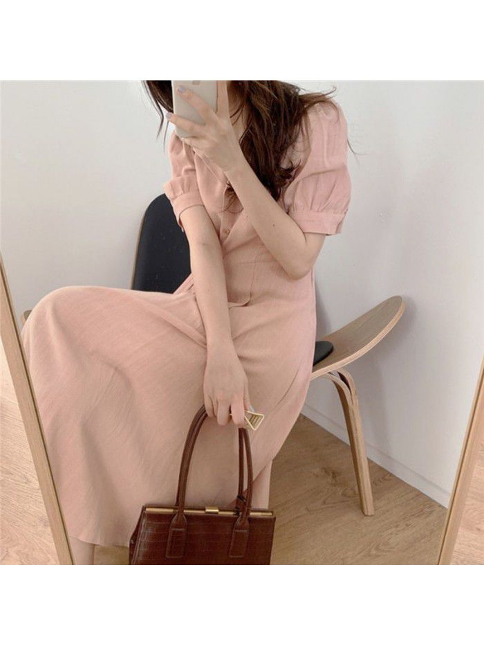  New Retro harbor style design with side buckle waist showing thin temperament linen professional dress for women 