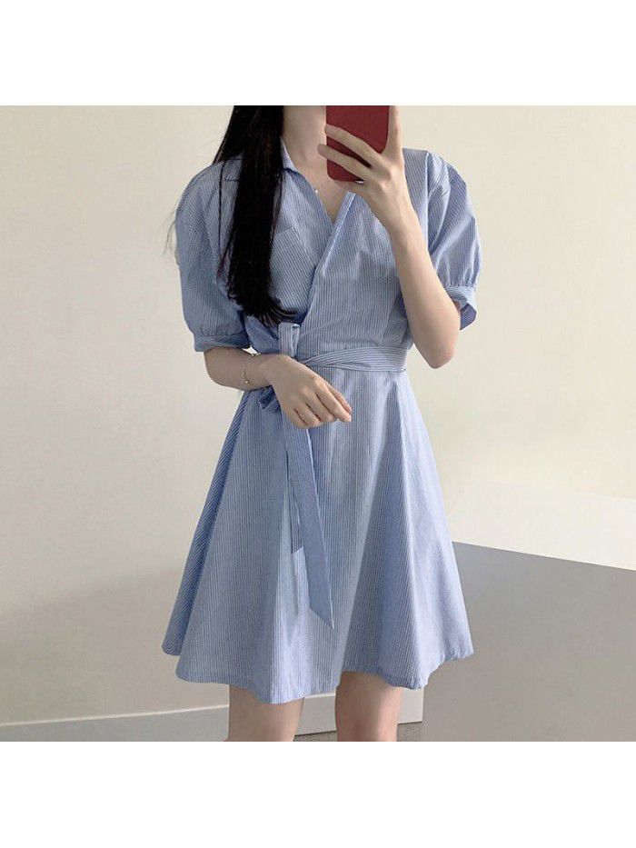 French retro small fresh stripe dress  summer new small tie waist slim shirt skirt 
