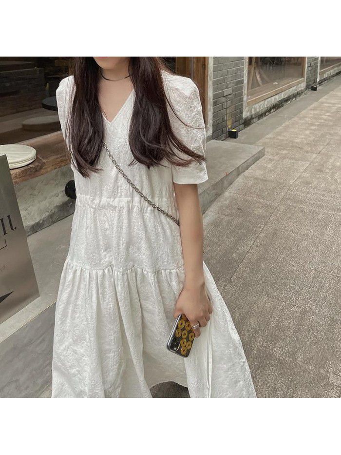 white dress women's summer  new long French drawstring waist puff sleeve fairy skirt 