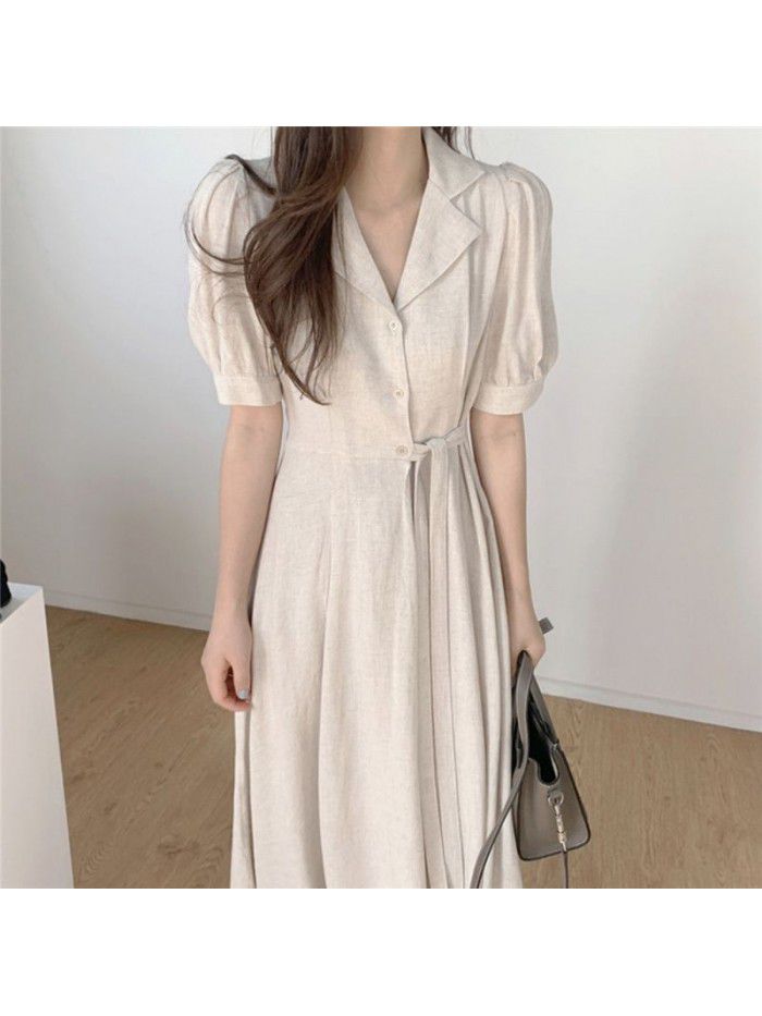  New Retro harbor style design with side buckle waist showing thin temperament linen professional dress for women 