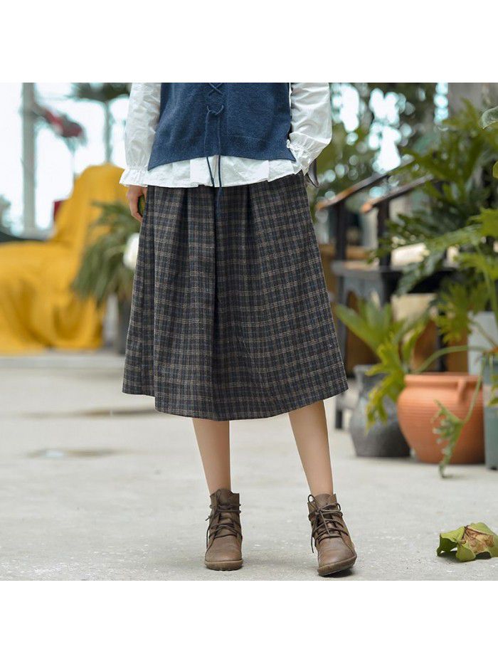 New high waist plaid skirt for women of literature and art autumn winter  tweed Black Slim Design A-line skirt 
