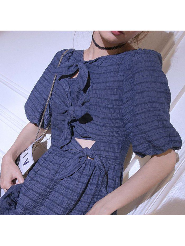 Blue blue, Zurich lake blue  spring and summer new Korean design feeling bow hollow out dress 