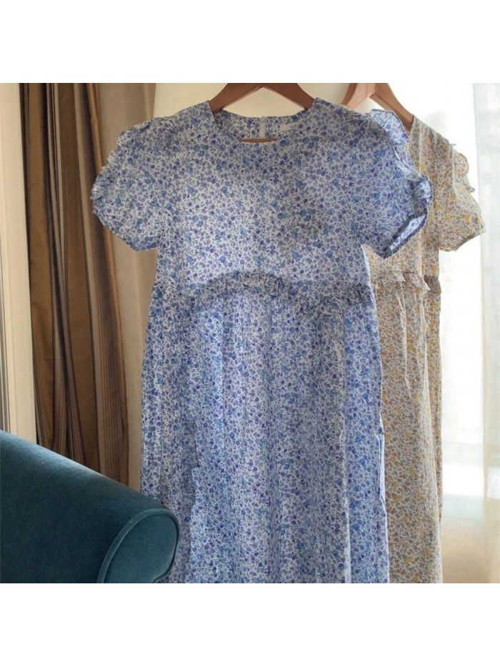 Floral dress women's  spring and summer new gentle temperament French retro bubble sleeve loose slim mid length dress 