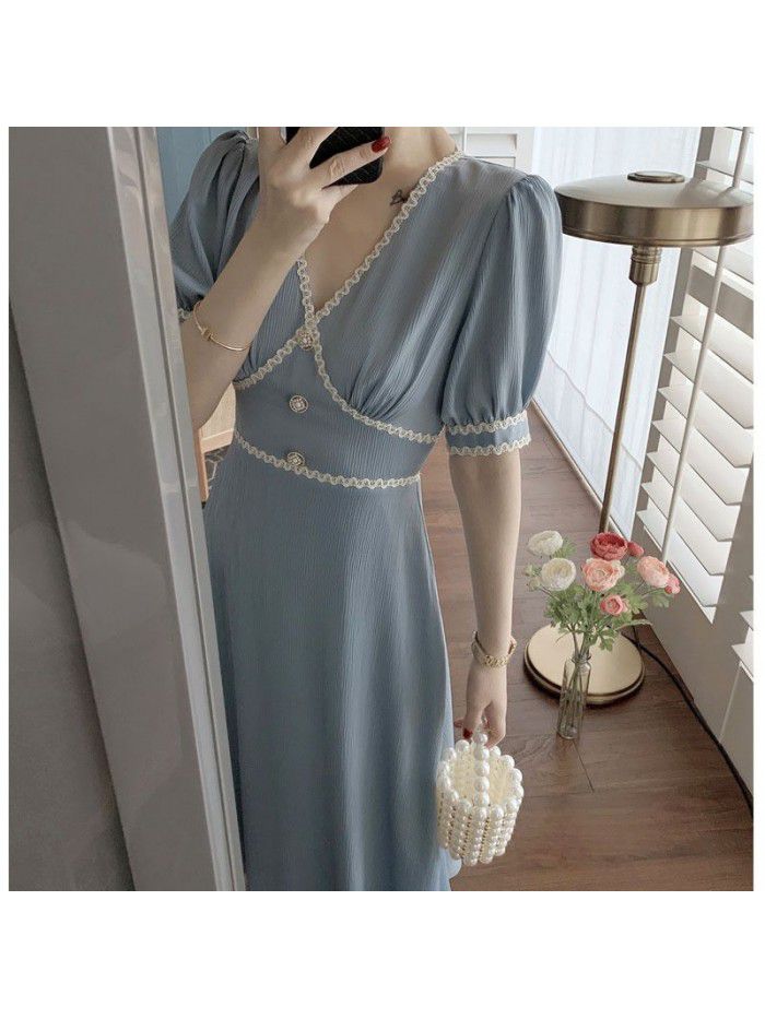 Design sense 21 small fragrance splicing ribbon tea break French dress women's summer short sleeve V-neck waist temperament long skirt 