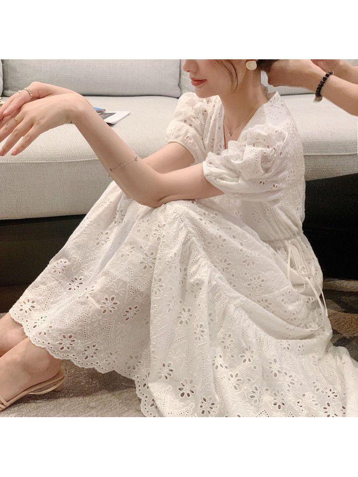 Daxi homemade retro V-neck short sleeve mid length embroidered dress for women  [sun skirt] 