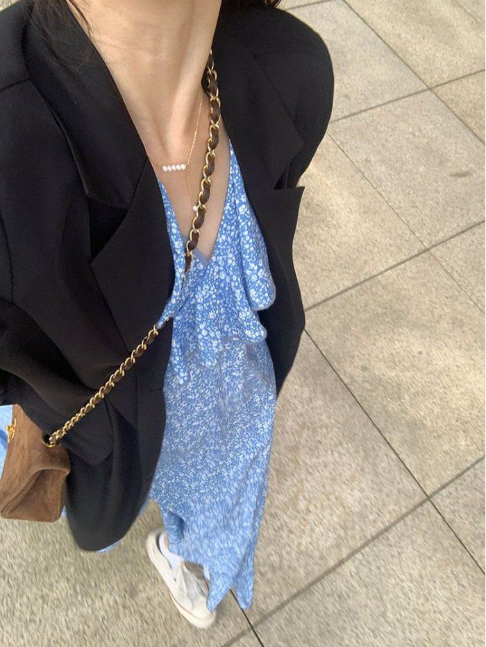  French retro soft floral dress women's summer chiffon long dress design first love dress 