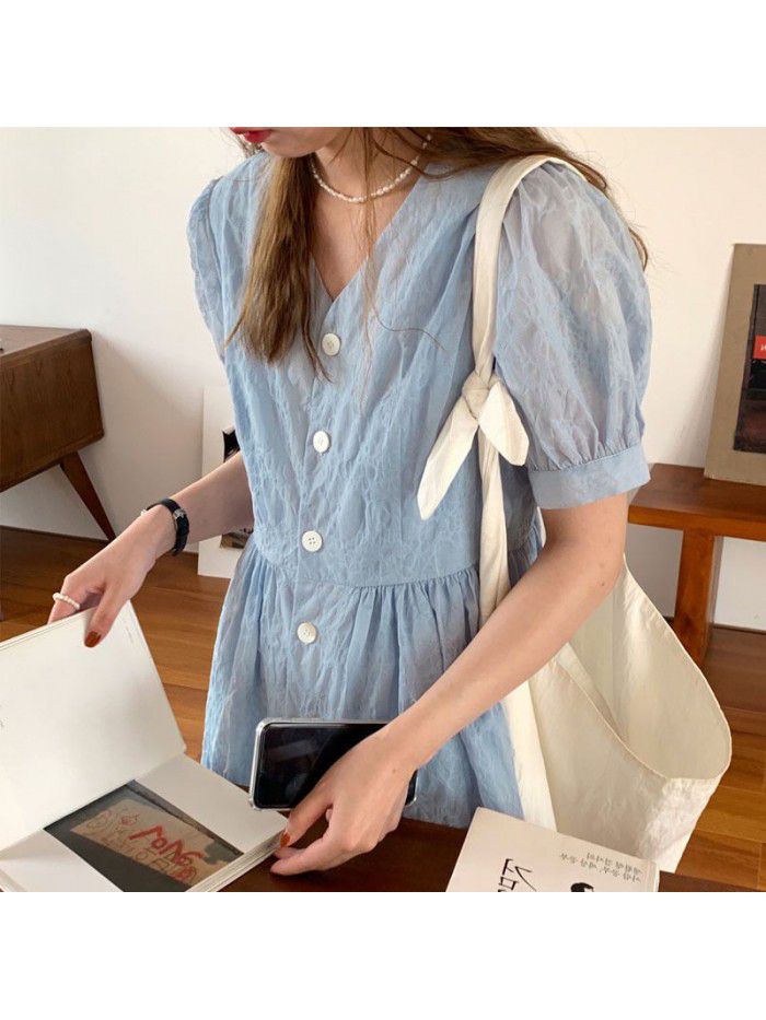  summer new product net red homemade blue V-neck Girl Doll skirt bubble sleeve A-line temperament dress looks thin 