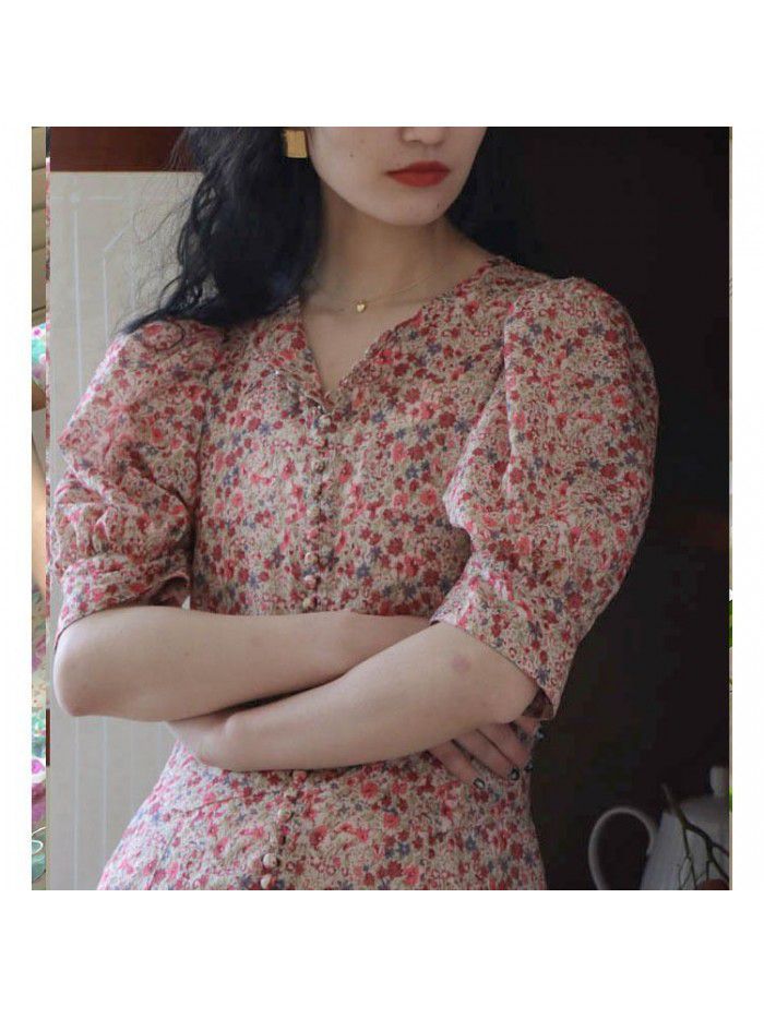Floral heavy industry women's  summer new short sleeve French large loose women's skirt summer A-line dress 