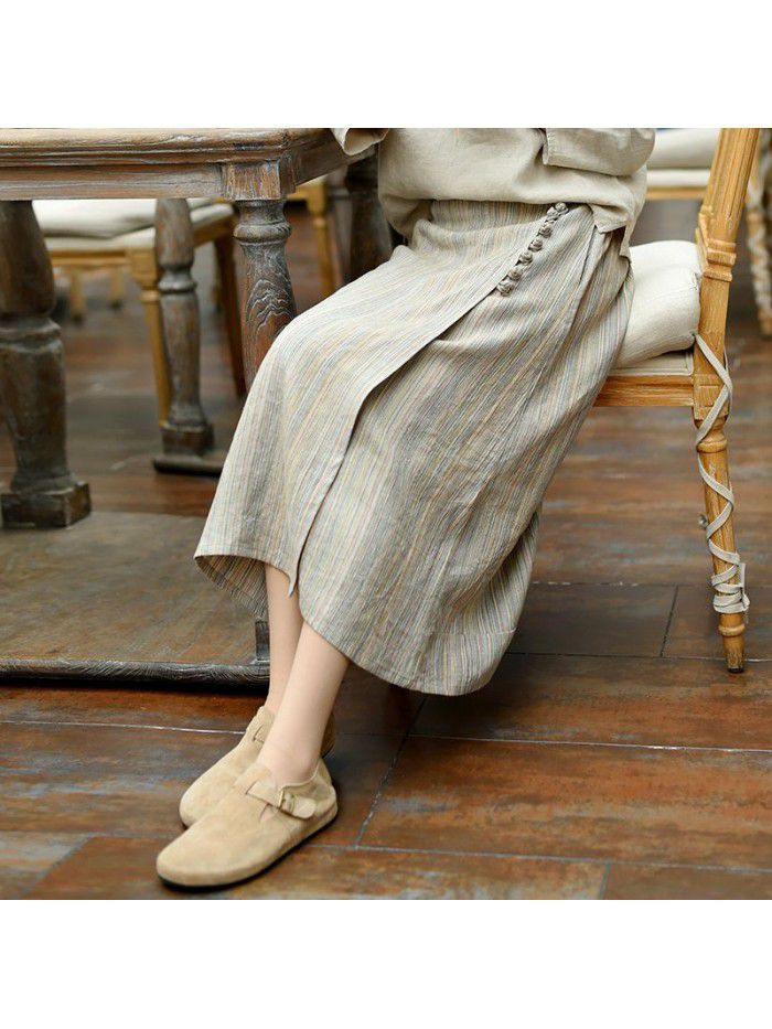  spring new women's striped Linen Skirt mid length retro button Chinese style A-line skirt wholesale 