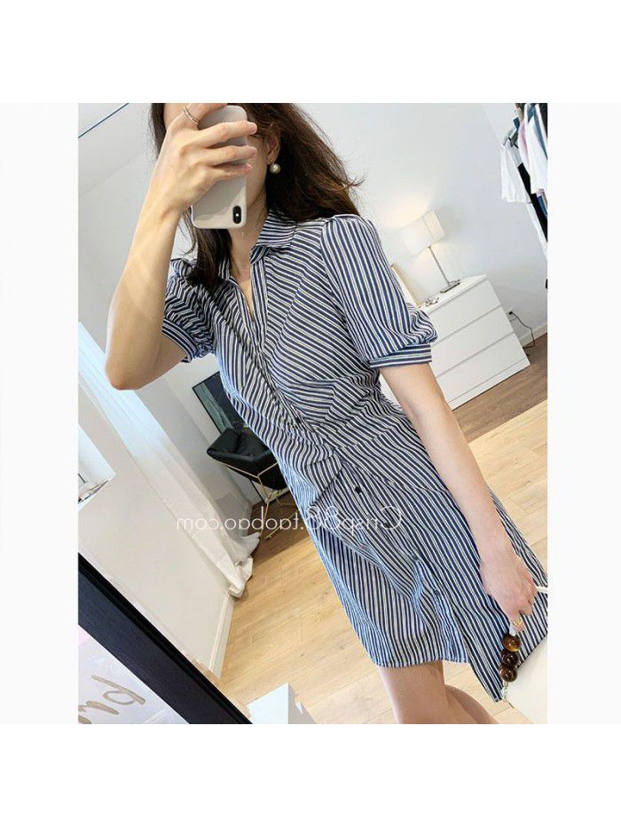 Design Antique side button pleated waist three dimensional bubble sleeve blue and white stripe shirt dress 