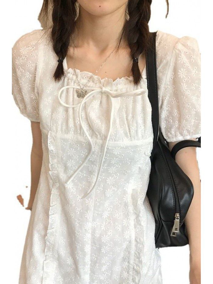  cut out flower dress Korean design sense square neck tie high waist A-line skirt for women 