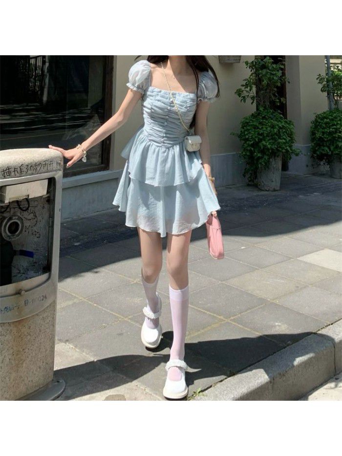 Forget nothing / a piece of ice in Yuhu 2-color fishbone waist double layer cake skirt waist closed bubble sleeve dress 