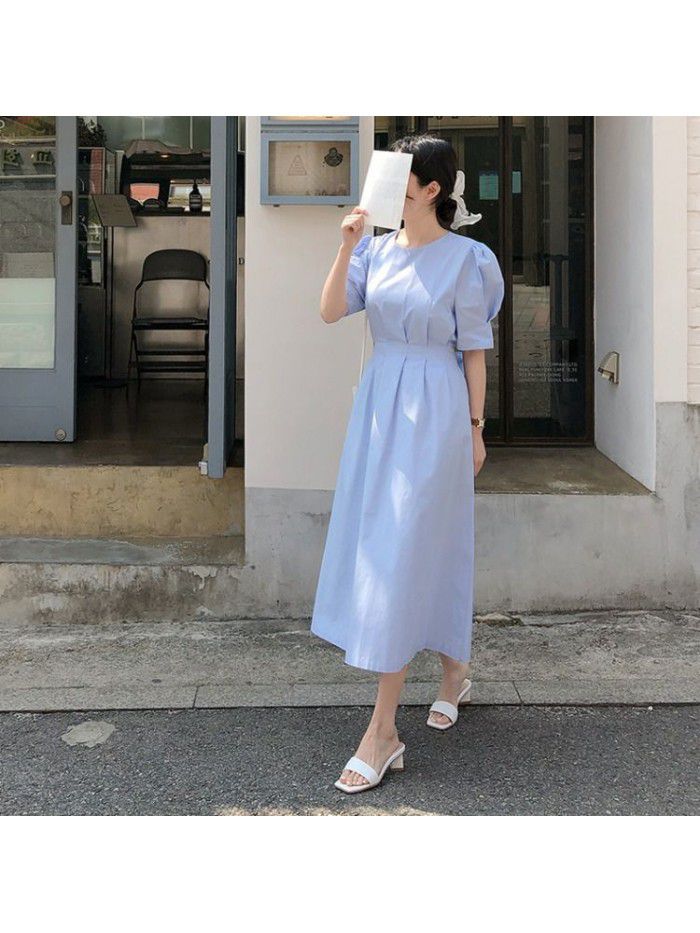 Dress  spring and summer new design feeling long French small fresh bubble sleeve temperament blue skirt 