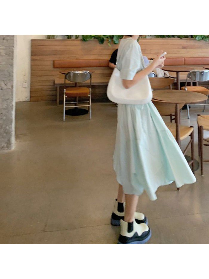  new refreshing mint V-neck drawstring waist cake dress with fresh temperament of female Platycodon grandiflorum skirt 
