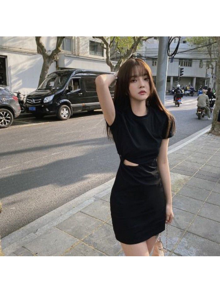  summer new short sleeve slim fitting dress with hollow out waist design and sexy bottom wrap short skirt 
