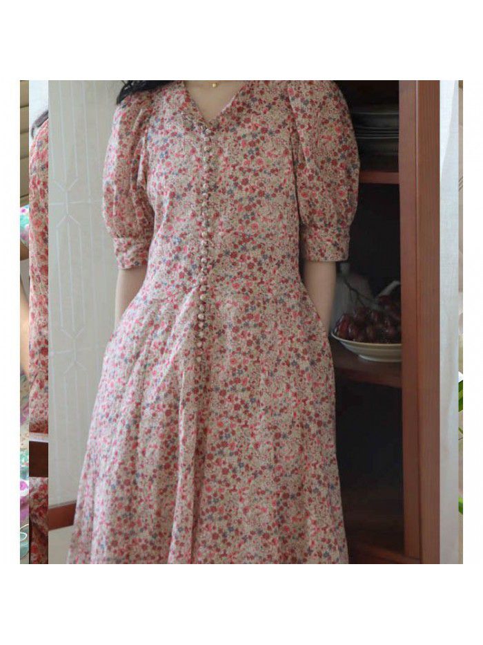 Floral heavy industry women's  summer new short sleeve French large loose women's skirt summer A-line dress 
