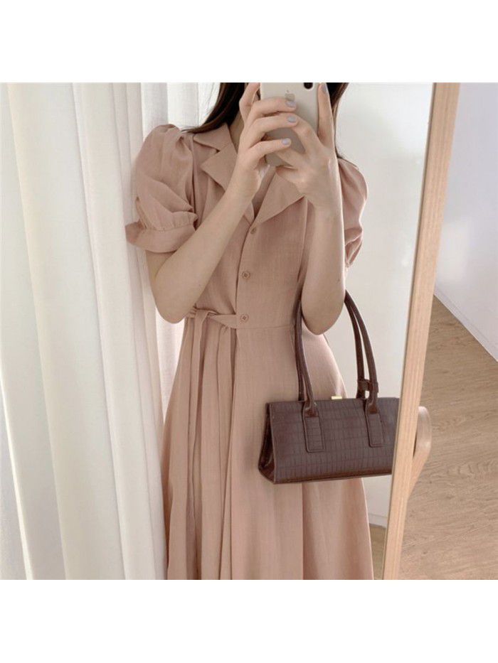  New Retro harbor style design with side buckle waist showing thin temperament linen professional dress for women 