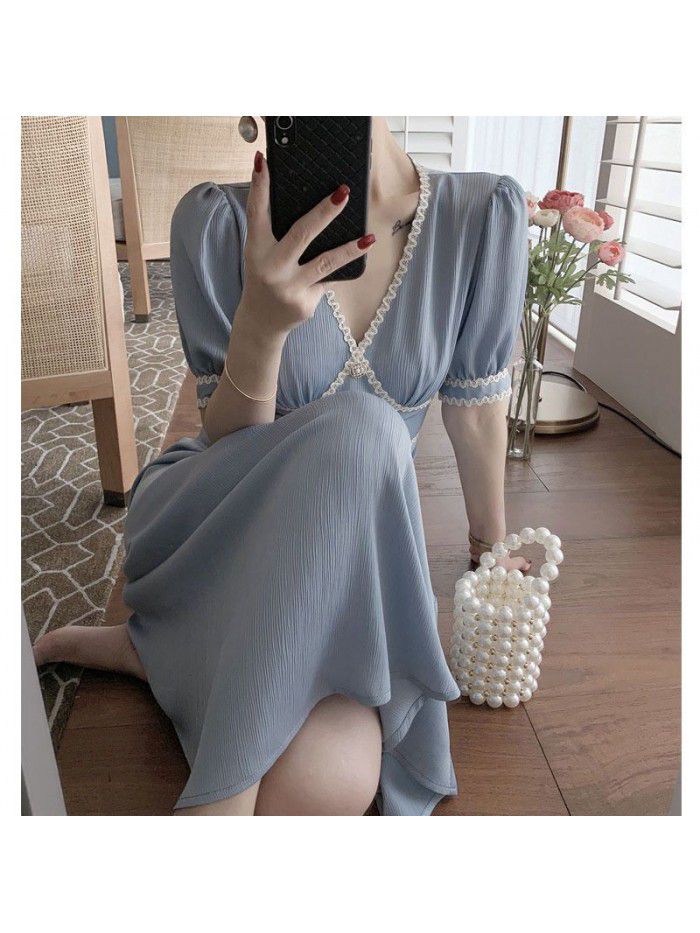 Design sense 21 small fragrance splicing ribbon tea break French dress women's summer short sleeve V-neck waist temperament long skirt 