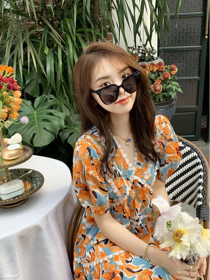 Fish rabbit floral dress summer blue soft sweet floral skirt small temperament waist skirt 