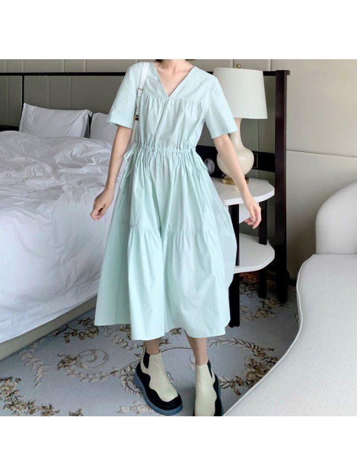  new refreshing mint V-neck drawstring waist cake dress with fresh temperament of female Platycodon grandiflorum skirt 